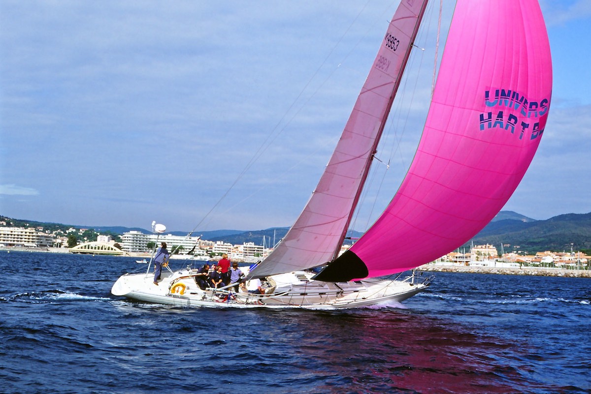 Swede 55 Successor Swede 75 Universal Hartbeat with pink Spinnaker at Cogolin/South of France