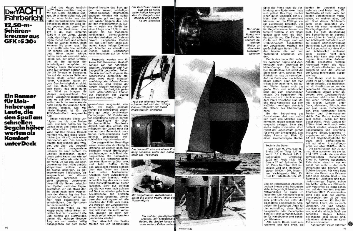 Fahrbericht über den Touren Schärenkreuzer S30, erschienen in der Yacht, Heft 24 von 1975