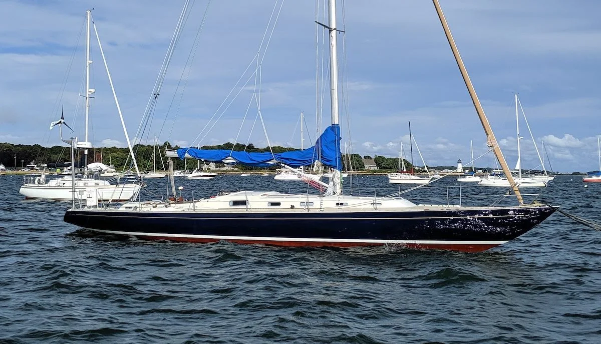 Swede 55 named Surprise with blue hull moored at Mattapoisett/Massachusetts at the eastern seaboard of the US