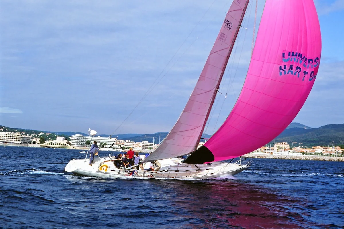 Swede 55 Successor Swede 75 Universal Hartbeat with pink Spinnaker at Cogolin/South of France